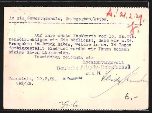 AK Cannstatt-Stuttgart, Reklame für Arkady Hefe Futter, Deutsche Arkady-Gesellschaft M. B. H., Pragstrasse 56