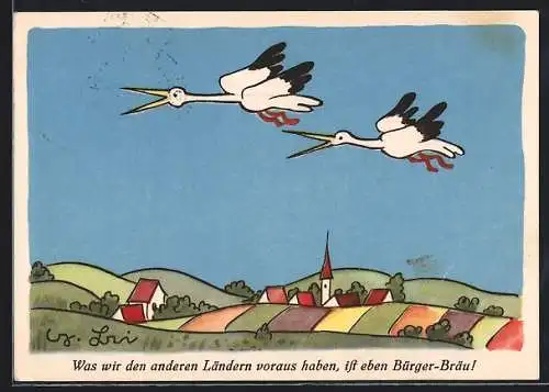 Künstler-AK Berlin, Werbung für das Berliner Bürger-Bräu, Weissstorche auf dem Land