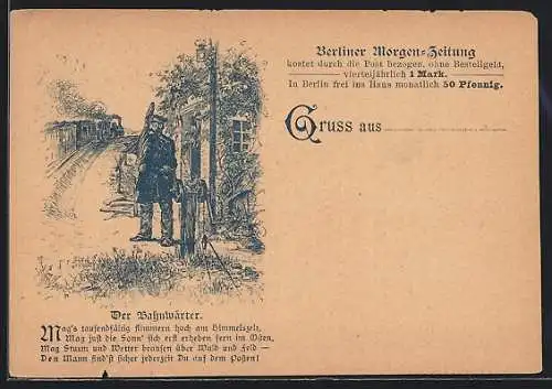 Künstler-AK Reklame Berliner Morgen-Zeitung, Der Bahnwärter mit Gedicht