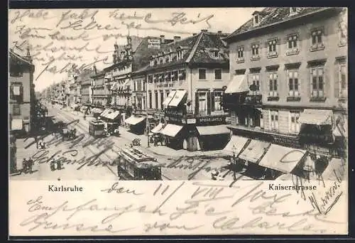 AK Karlsruhe, Strassenbahn und Gasthaus Englischer Hof in der Kaiserstrasse