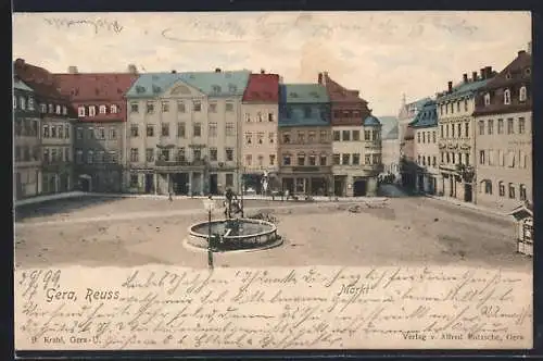 AK Gera, Markt mit Springbrunnen und Pferdekutsche