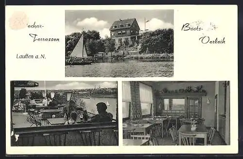 AK Lauffen a. N., Gasthaus Neckar-Terrassen und Ansicht vom Bootsverleih, Inh. Hermann Schweinle