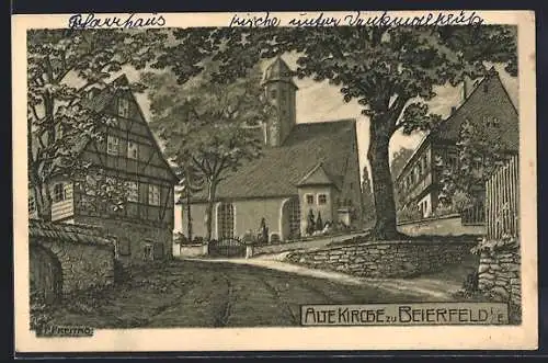 Künstler-AK Beierfeld i. E., Strassenpartie an der alten Kirche