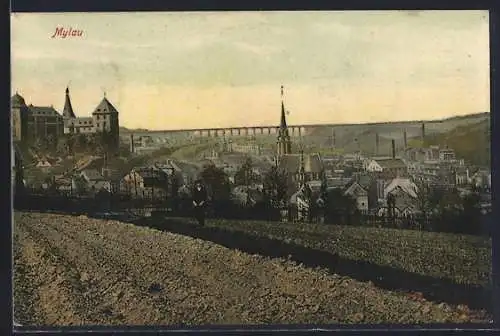 AK Mylau, Ortschaft mit Burg und Brücke