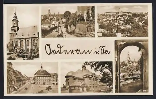 AK Oederan i. Sa., Ortspartien mit Kirche und Marktplatz, Blick auf den Ort
