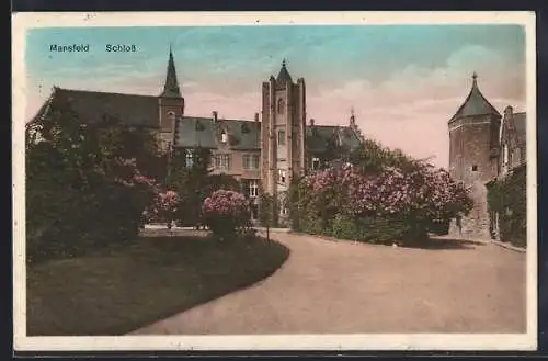 AK Mansfeld, Schloss mit blühendem Sträuchern