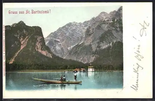 AK St. Bartholomä, Seeblick mit Ruderboot und Bergpanorama