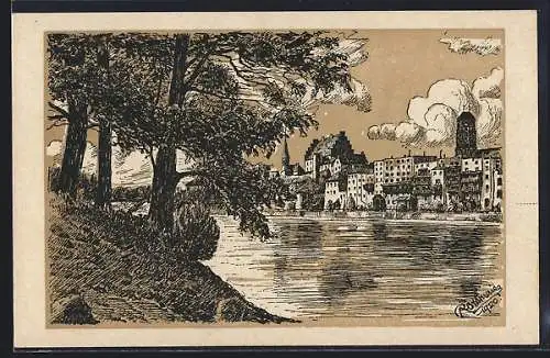 Künstler-AK Wasserburg a. Inn, Flusspartie vom Ufer aus