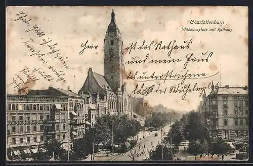 AK Berlin-Charlottenburg, Wilhelmplatz mit Rathaus und Strassenbahn