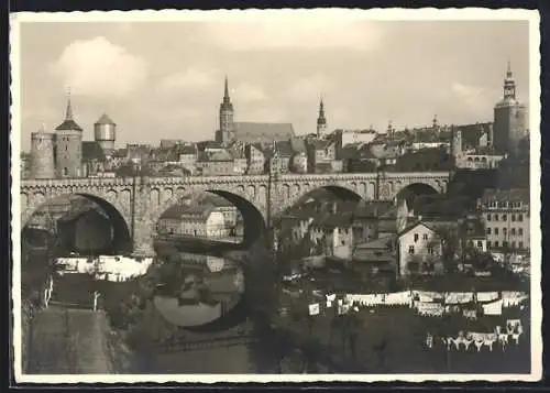 AK Bautzen, Teilansicht mit Flusspartie und Brücke