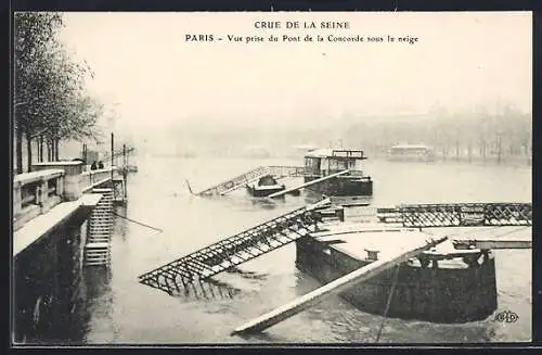 AK Paris, Crue de la Seine 1910, Vue prise du Pont de la Concorde sous la neige