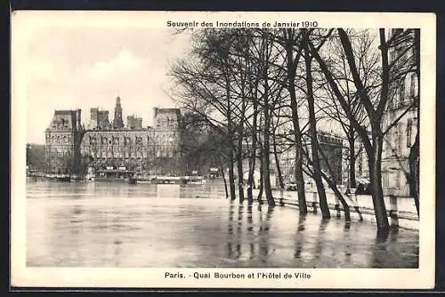 AK Paris, Inondations de janvier 1910 au Quai Bourbon et l`Hôtel de Ville