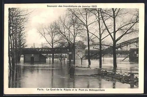 AK Paris, Le Quai de la Rapée et le Pont du Métropolitain lors des inondations de janvier 1910