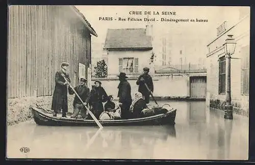 AK Paris, Rue Félicien David, Déménagement en bateau pendant la crue de la Seine