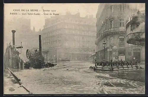 AK Paris, Crue de la Seine 1910, Gare Saint-Lazare inondée avec pompes à vapeur