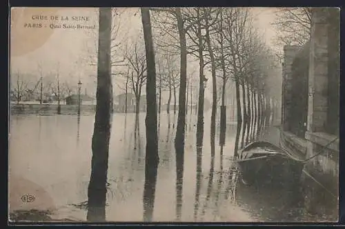 AK Paris, Crue de la Seine, Quai Saint-Bernard inondé avec arbres et barque