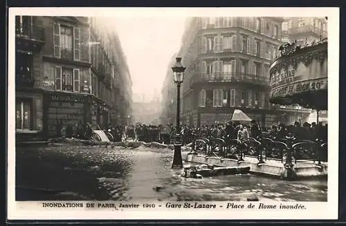 AK Paris, Inondations de 1910, Gare St-Lazare et Place de Rome inondée