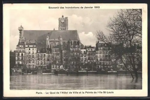 AK Paris, Le Quai de l`Hôtel de Ville et la Pointe de l`Ile St-Louis, Inondations de Janvier 1910