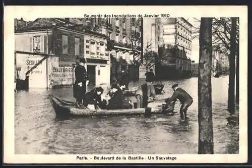 AK Paris, Boulevard de la Bastille, Un Sauvetage lors des inondations de janvier 1910