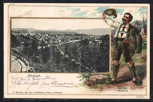 Passepartout-Lithographie Miesbach, Teilansicht mit Strassenpartie, Bauernbube