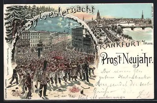 Winter-Lithographie Frankfurt a. Main, Auf der Zeil in der Sylvesternacht, Teilansicht