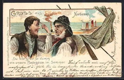 Lithographie Norderney, Strandpartie mit zwei Fischern