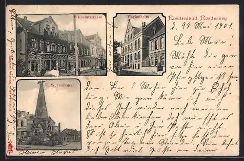 AK Norderney, Marienheim, Wilhelmstrasse, K. W. Denkmal