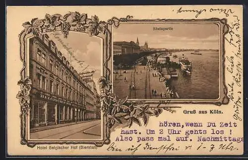 AK Köln, Hotel Bergischer Hof, Rheinpartie