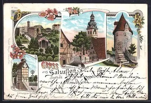 Lithographie Salzuflen, Im Kurpark, Der Katzenturm, Schliepsteiner Turm