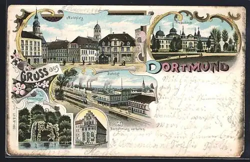 Lithographie Dortmund, Bahnhof, Fredenbaum, Gildenhaus, Strassenpartie