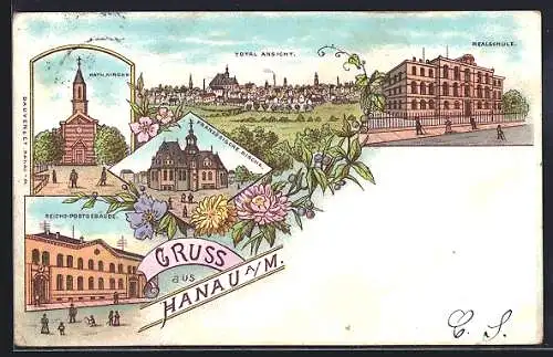 Lithographie Hanau a. M., Kath. Kirche, Realschule, Reichs-Postgebäude