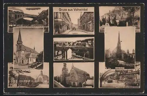 AK Vohwinkel, Bahnhof und Post, Zeppelin und Immaculata Kirche