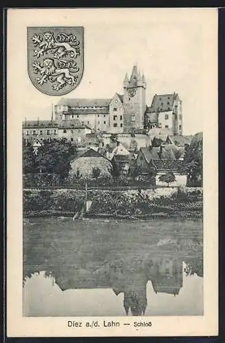 AK Diez a. d. Lahn, Schloss mit Wasserpartie und Wappen