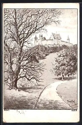 Künstler-AK Coburg, Ansicht auf die Burg vom Veilchental aus