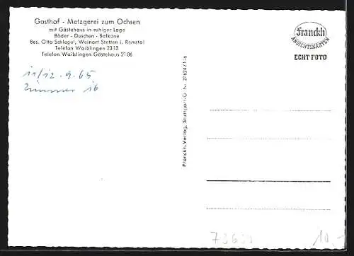 AK Stetten i. Remstal, Gasthof Zum Ochsen, Bes. Otto Schlegel