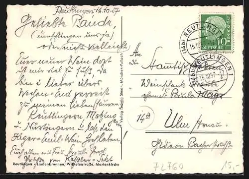 AK Reutlingen, Wilhelmstrasse mit Lindenbrunnen und Marienkirche