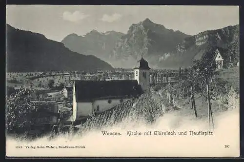 AK Weesen, Kirche mit Glärnisch und Rautispitz
