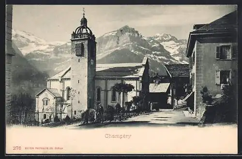 AK Champéry, Strassenpartie mit Kirche