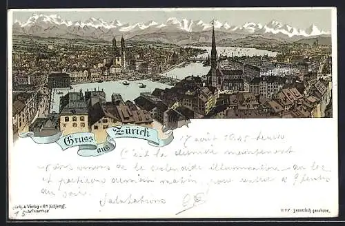 Lithographie Zürich, Panorama mit Fluss und Brücken