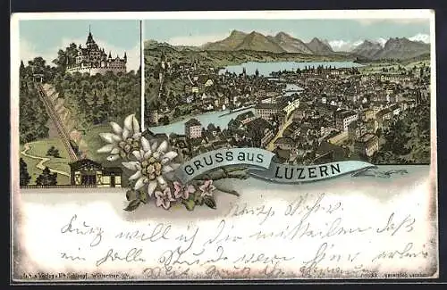 Lithographie Luzern, Teilansicht, Schloss und Bergbahn