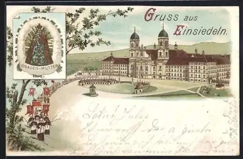 Lithographie Einsiedeln, Gnaden-Mutter, Kloster m. Messe