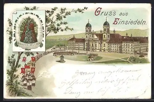 Lithographie Einsiedeln, Kloster mit Prozession