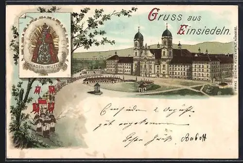 Lithographie Einsiedeln, Wallfahrtskirche, Gnaden-Mutter