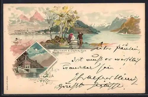 Lithographie Brunnen, Teilansicht und Urner See, Tellskapelle