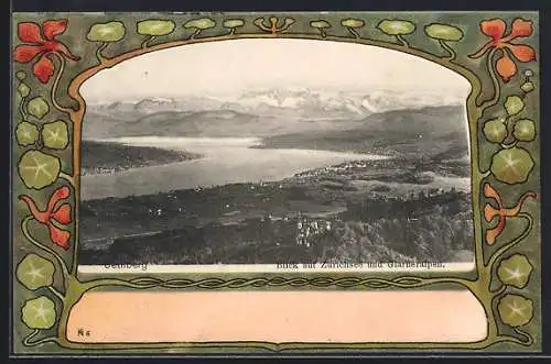 Lithographie Uetliberg, Blick auf Zürichsee und Glarneralpen, Pflanzen, Passepartout
