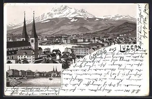 Lithographie Luzern, Teilansicht mit Kirche, Schweizer Hofquai