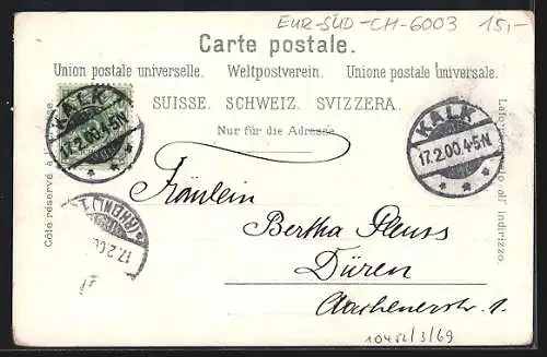 Lithographie Luzern, Teilansicht mit Kirche, Schweizer Hofquai