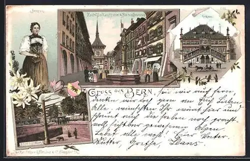 Lithographie Bern, Zeit Glockenturm & Bären Brunnen, Rathaus, Bernerin