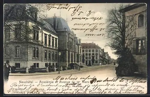 AK Neuchatel, Academie et Avenue du 1er Mars, Häuserzeilen
