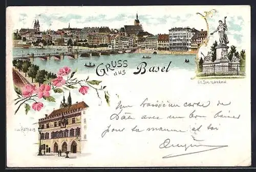 Lithographie Basel, Ortspartie, Strassburger Denkmal, Rathaus